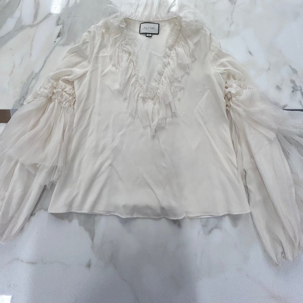 Alexis Alvinna Silk Deep-V Blouse Ruffled Trim